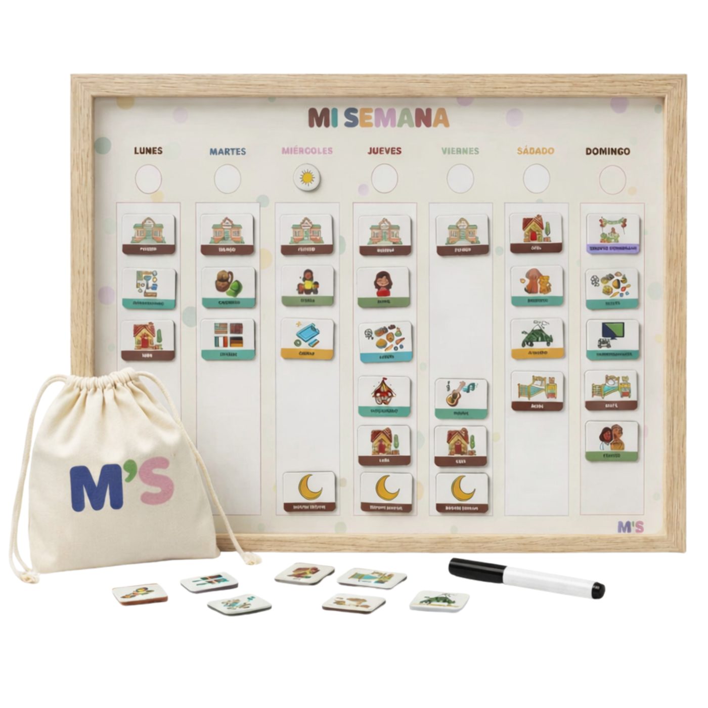 Tablero Mi Semana con los imanes colocados, bolsa de tela y rotulador
